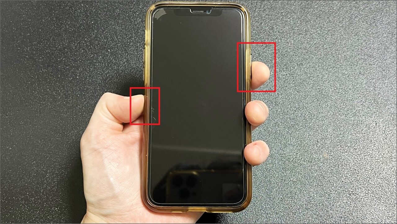 iPhoneの電源をつけるやり方･再起動する方法【スマホ･アイフォン】iPhoneの右のサイドボタンと左の音量を下げるボタンを長押しします