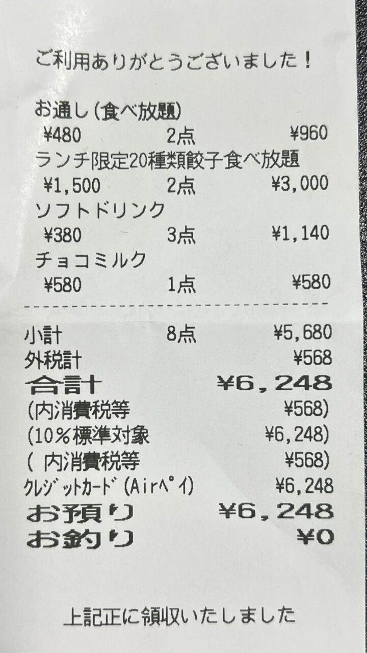 「東京餃子 あかり 飯田橋」の食べ放題は最終的に合計金額が1人あたり3000円を超えていて高すぎる【不満度:★★★★☆】